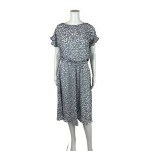 Vintage 80s Bow Dress Women's Medium Navy Blue Novelty Print Blouson Sheath